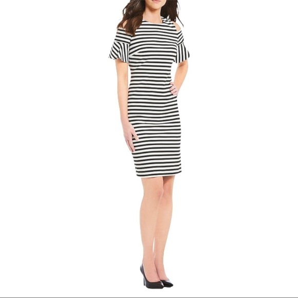 * CALVIN KLEIN Paris Stripe Flutter Short Sleeve Cold Shoulder Sheath Dress 10 - Picture 1 of 8